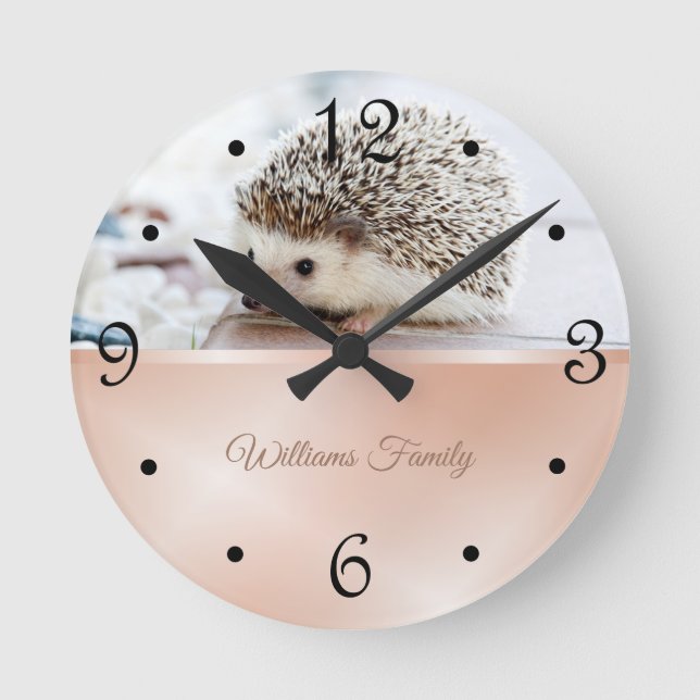 Horloge Ronde Cute Hérisson Rose Gold Foil Votre Nom (Recto)