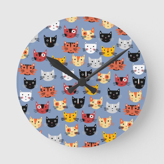 Horloge Ronde Cute Kitty Chats Fun Motif Bleu (Recto)