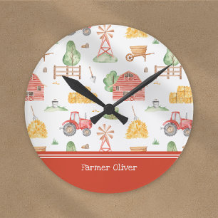 Horloge Ronde Cute Little Kids Farmer Motif avec prénom