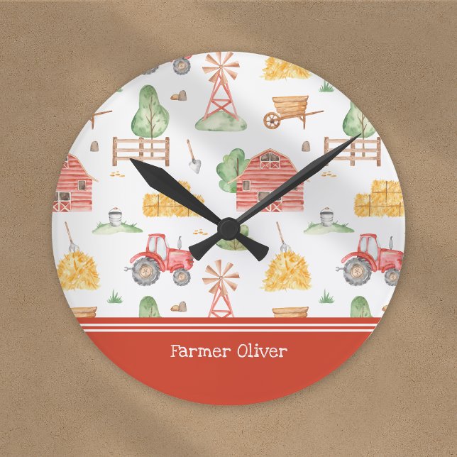 Horloge Ronde Cute Little Kids Farmer Motif avec prénom (Créateur téléchargé)