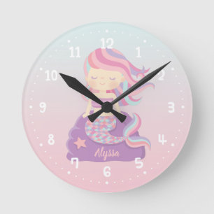 Horloge Ronde Cute Mermaid Girl ombre Kids Room Decor