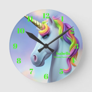 Horloge Ronde Cute Neon Green Pink Unicorn Message personnalisé