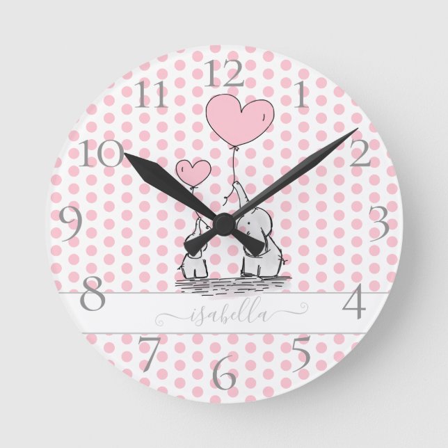 Horloge Ronde Cute Pastel Polka Dot rose bébé et maman éléphant (Recto)