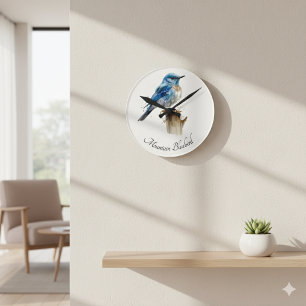 Horloge Ronde Cute Petite Montagne Bluebird Aquarelle, personnal