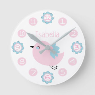 Horloge Ronde Cute Pink and Blue Flower and Bird Custom