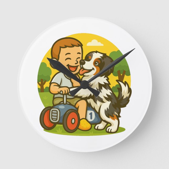 Horloge Ronde Cute Puppy and Kid Playtime (Recto)