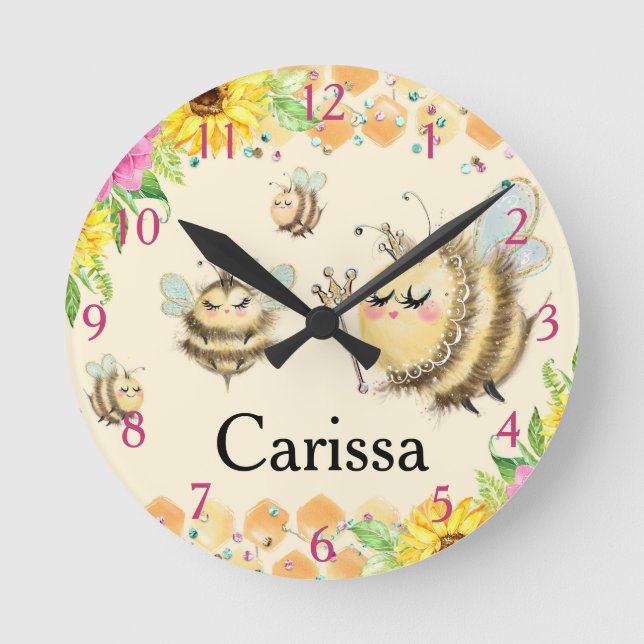 Horloge Ronde Cute Queen Bee & Honeybees Sunflowers Honeycomb (Recto)