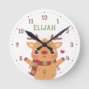 Horloge Ronde Cute Reindeer and Scarf, Kids Christmas Room Decor