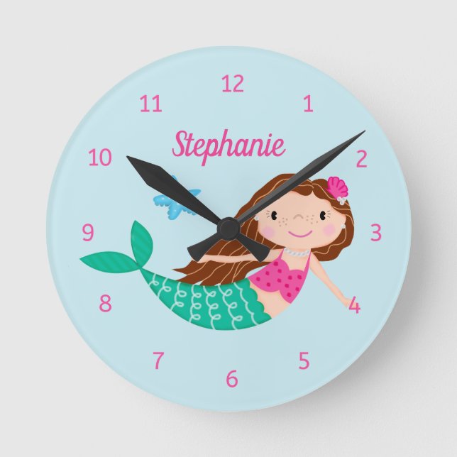Horloge Ronde Cute sirène personnalisée bleu (Recto)