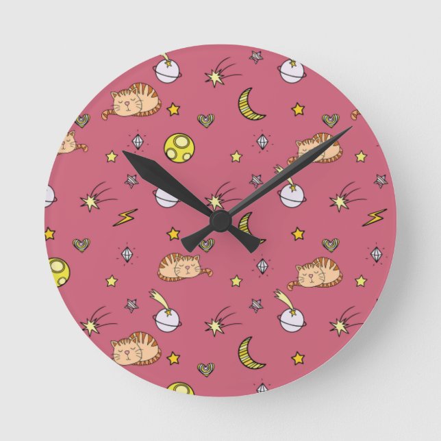 Horloge Ronde Cute Space Cat Pattern – Adorable Cosmic Kitty (Recto)
