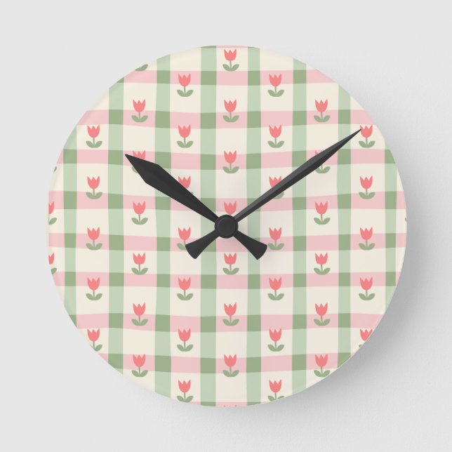 Horloge Ronde Cute Tulip Checkered Pattern | Pastel Floral  (Recto)