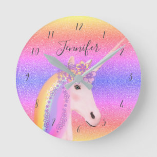 Horloge Ronde Cute Unicorn Glitter Rainbow Kids Monogram Name