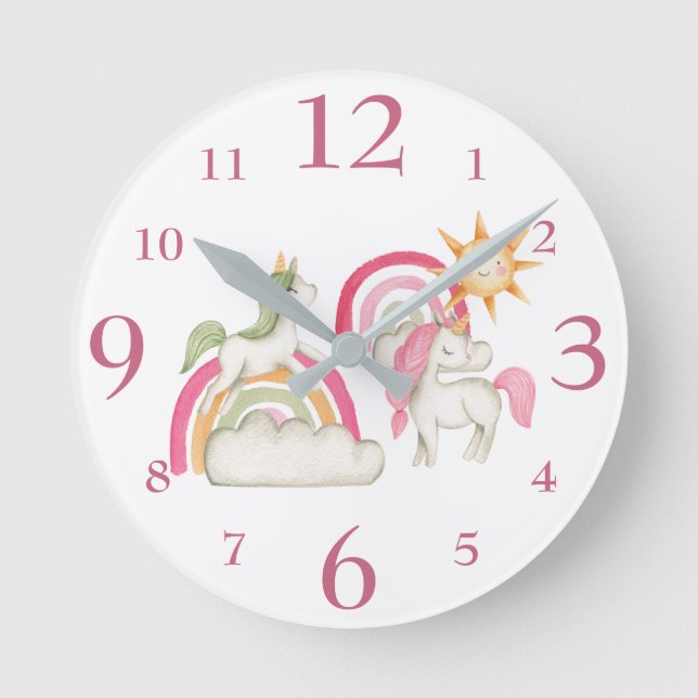 Horloge Ronde Cute Unicorns et Pastel Boho Rainbows (Recto)