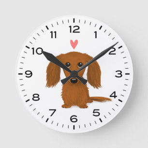 Horloge Ronde Dachshund à poil long avec Valentine Heart mignon