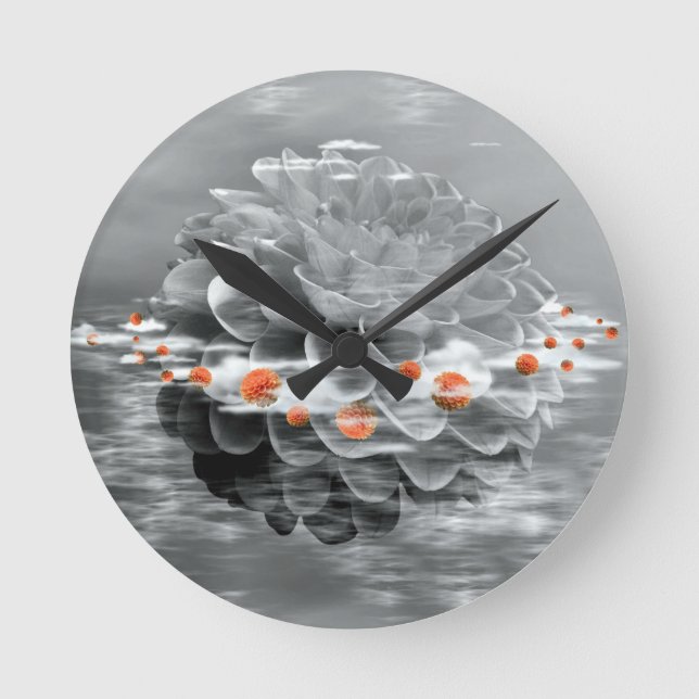 Horloge Ronde Dahlia flottante noire et blanche (Recto)