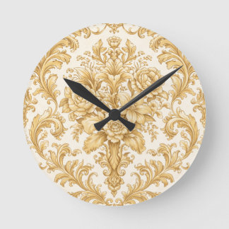 Horloge Ronde Damier Floral Doré
