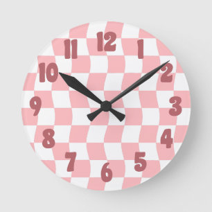 Horloge Ronde Danois Pastel Rose Blanc Simple Wavy Checkerboard
