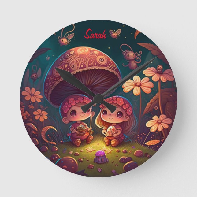 Horloge Ronde De beaux elfes mignons jouent sous les champignons (Recto)