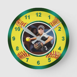 Horloge Ronde Décor de mur de softball avec photo du joueur, Ve