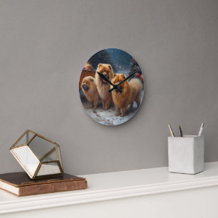 Horloge Ronde Décor de Noël Chariot de Neige Chow Chow