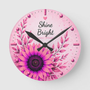 Horloge Ronde Décor floral de tournesol rose brillant 