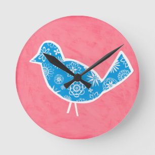 Horloge Ronde Decorative Bird with Patterns on Pink Background
