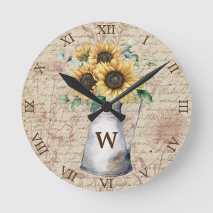 Horloge Ronde Découpage de lettre vintage tournesol rustique mon