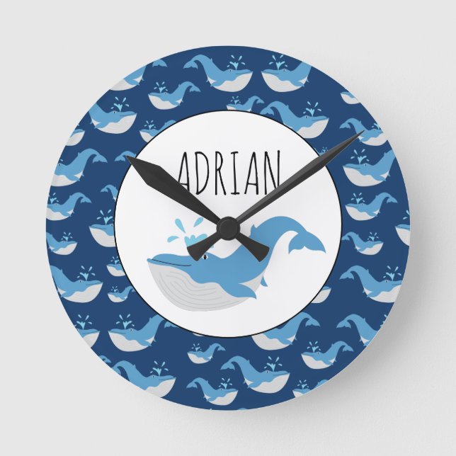 Horloge Ronde Deep Blue Ocean Whale Pattern Custom Nom Nursery (Recto)