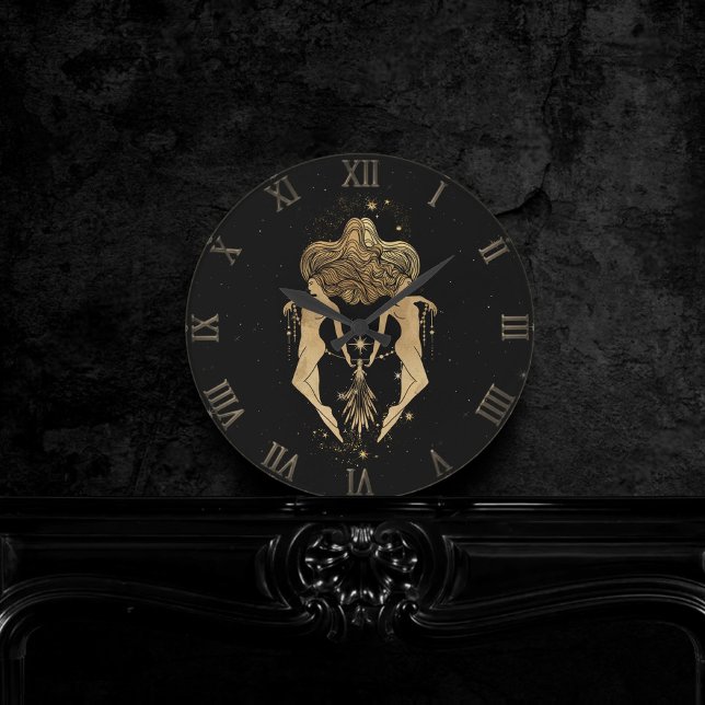 Horloge Ronde Déesse du Zodiaque | Astrologie Gémeaux d'or cosmi (Créateur téléchargé)