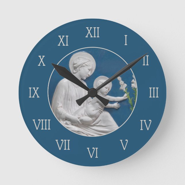 Horloge Ronde Della Robbia Madonna Enfant et Lilies Bleu Blanc (Recto)