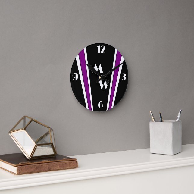 Horloge Ronde Design Art Déco Noir Et Violet Monogramme (Bureau)