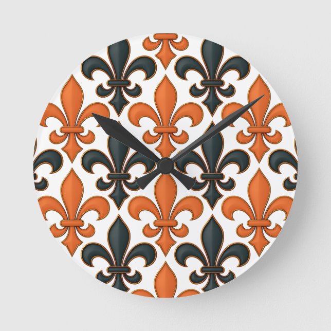 Horloge Ronde Design Motif Orange noir baroque Fleur-de-lis (Recto)