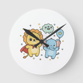 Horloge Ronde Dessin animé de lion et d'éléphant amis super-héro