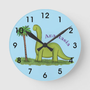 Horloge Ronde Dessin de dinosaure de brontosaure vert mou