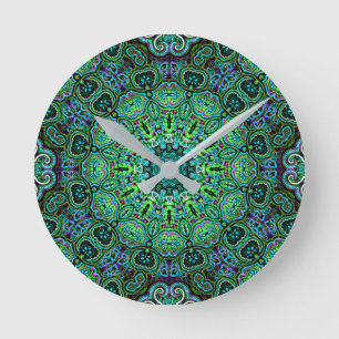 Horloge Ronde dessin de mandala vert émeraude