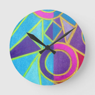 Horloge Ronde Dessin géométrique pourpre bleu rose d'art