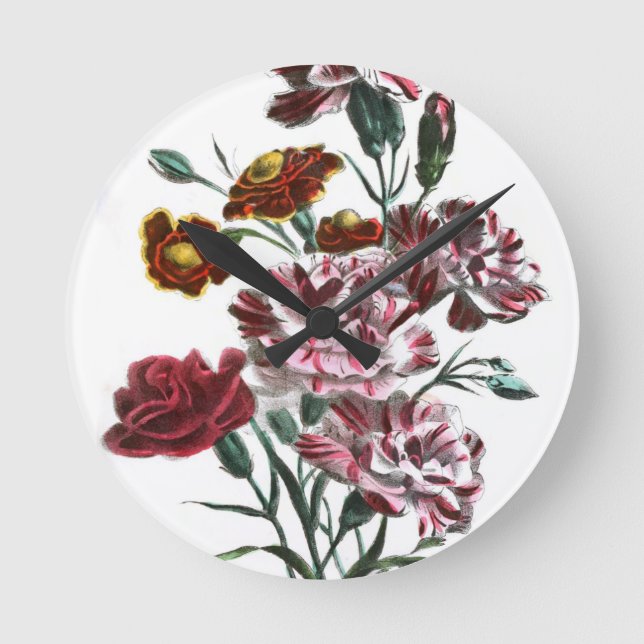 Horloge Ronde Dessin vintage : Fleurs roses flamandes (Recto)
