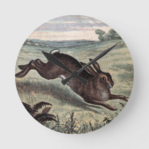 Horloge Ronde Dessin vintage : Lièvres courants dans un domaine