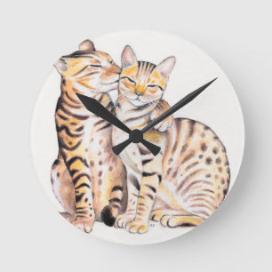 Horloge Ronde Deux chats du Bengale Aquarelle Art