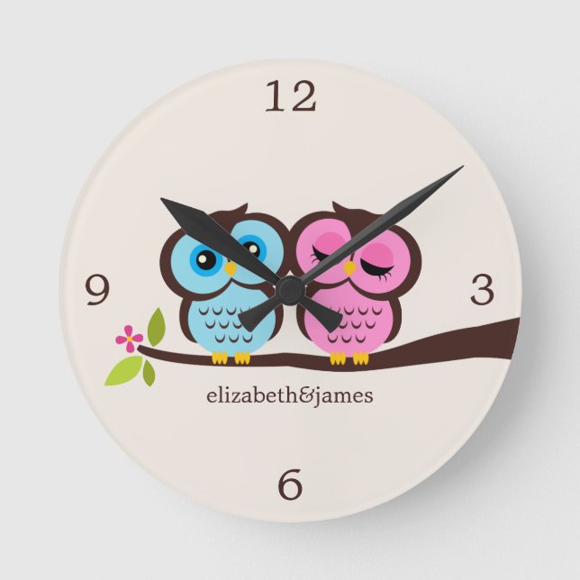 Horloge Ronde Deux Pink et Blue Owl (Recto)