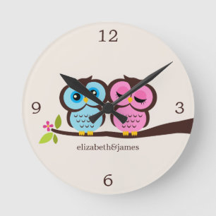 Horloge Ronde Deux Pink et Blue Owl