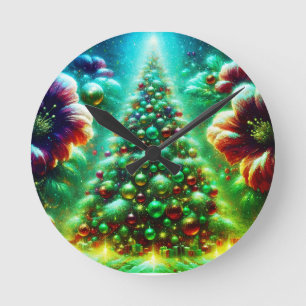 Horloge Ronde Deux sapins de Noël richement décorés sur un moder