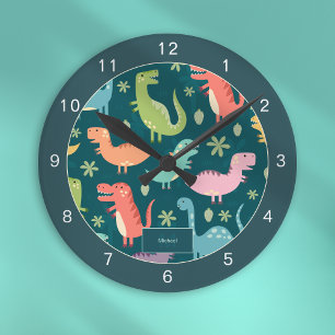 Horloge Ronde Dinosaure Motif Bleu Monogramme Enfant Garçon