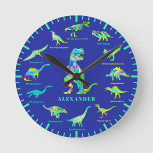 Horloge Ronde Dinosaures avec des noms Personnalisé bleu vert