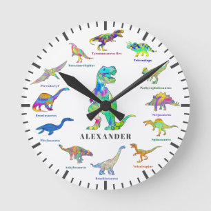 Horloge Ronde Dinosaures mignons avec des noms colorés Personnal