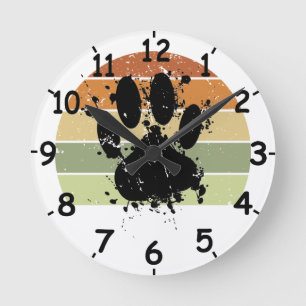 Horloge Ronde Distressed Paint Splatt Chien Paw Retro Sunset Rou