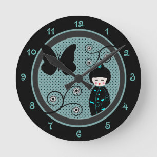 Horloge Ronde Doll Black and Blue Polka Dot