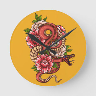 Horloge Ronde Dragon rose et noir floral sur