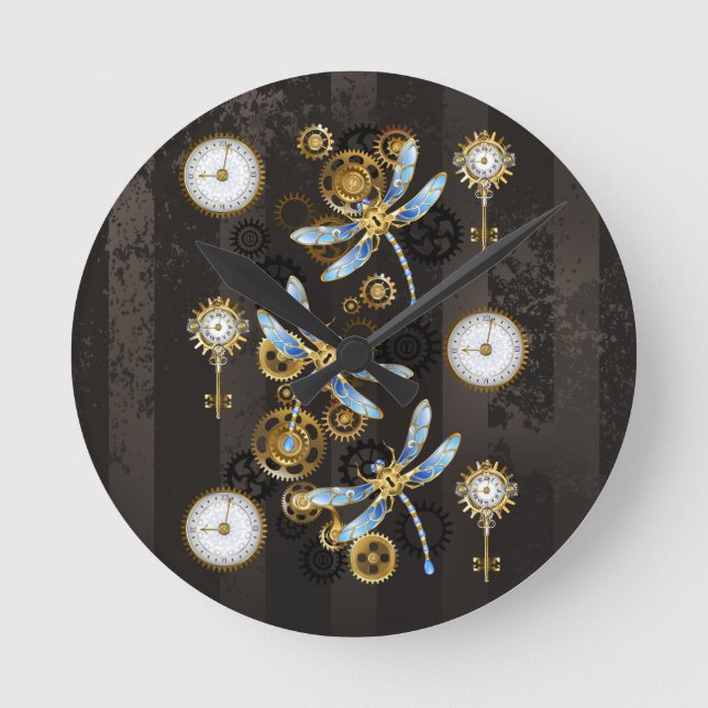 Horloge Ronde Dragonflies de Steampunk sur arrière - plan rayé b (Recto)
