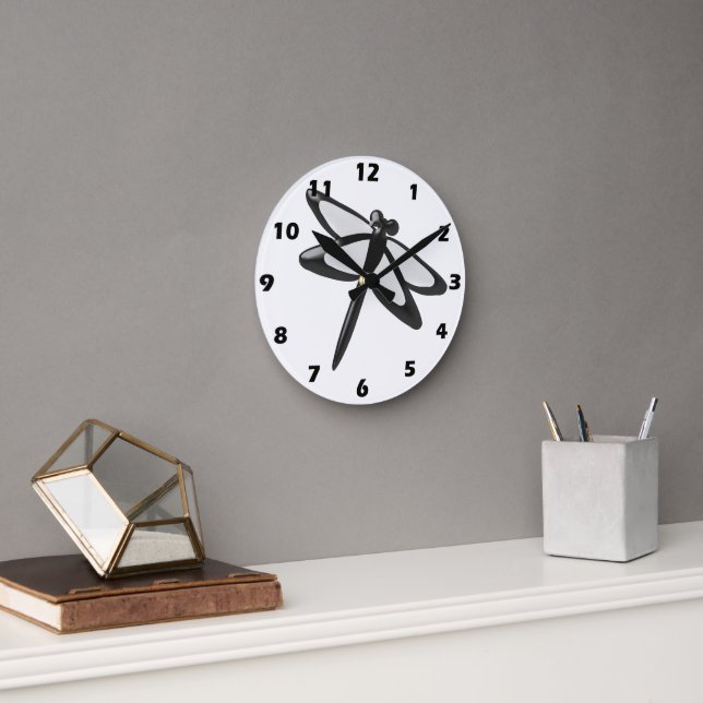 Horloge Ronde Dragonfly noir et blanc (Bureau)
